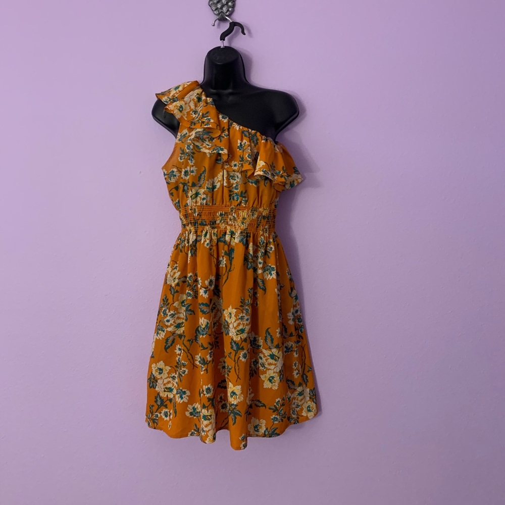 One Shoulder Orange Floral Mini Dress
